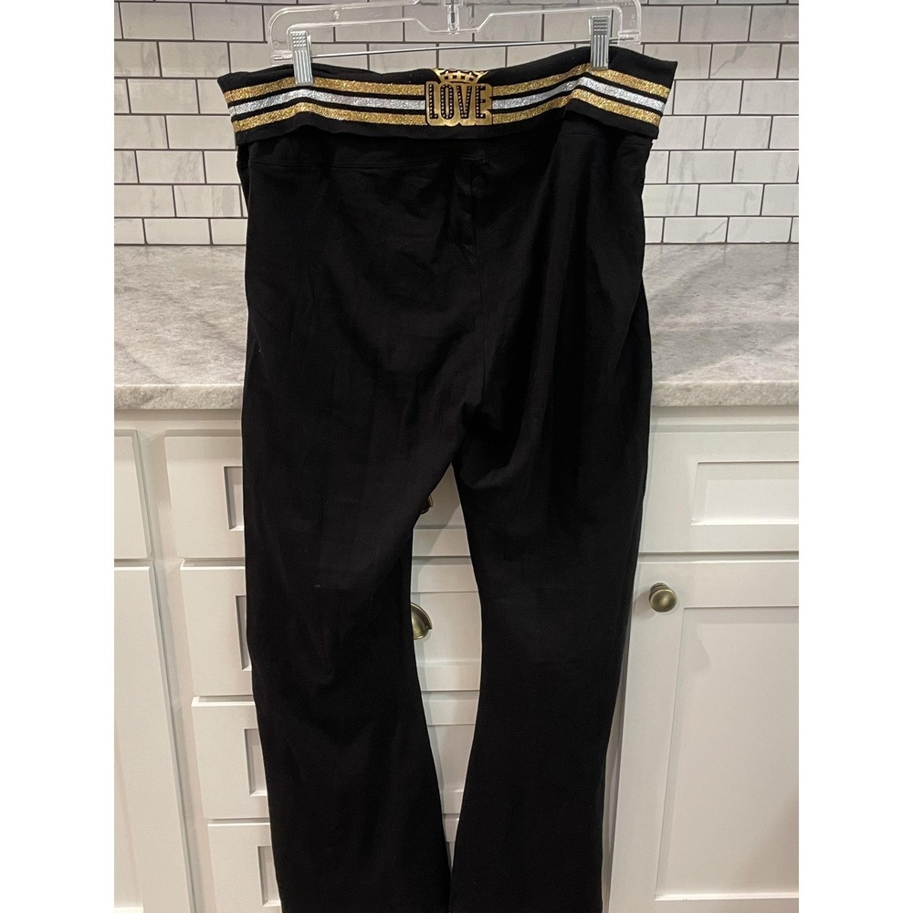 Juicy Couture Track Pants Womens XL Black Glitter Gold Love Waist Flare Legging